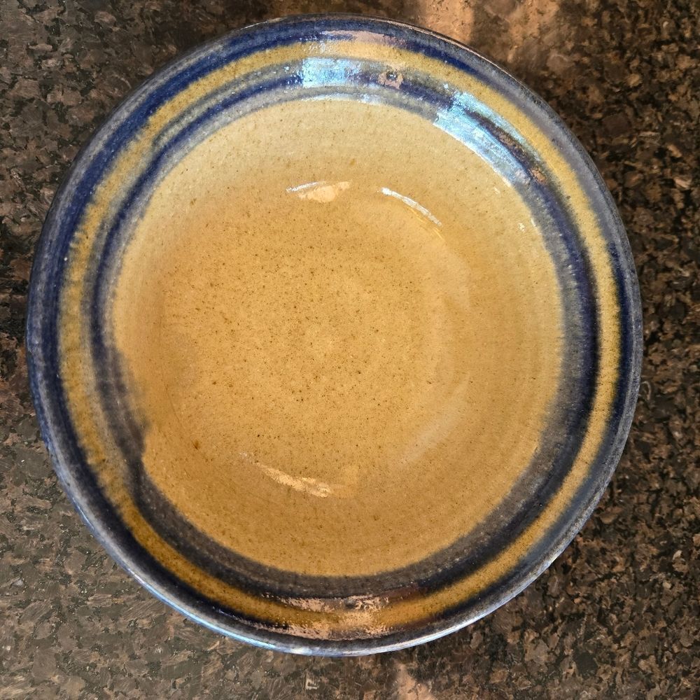 Handcrafted Ceramic Bowl with Blue and Tan Stripes